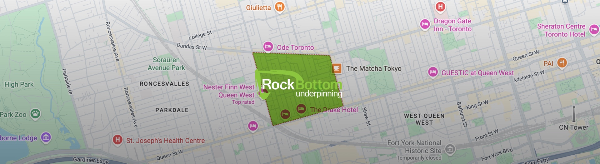 Map of Rock Bottom Underpinning's basement underpinning service area in Beaconsfield Village, Toronto